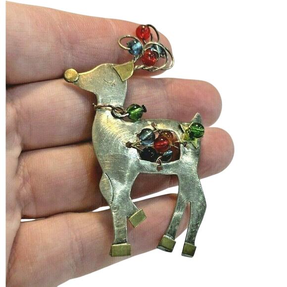 Retro Christmas Reindeer Brooch Silver & Multi Color Beaded Pin Holiday Festive - Picture 4 of 5